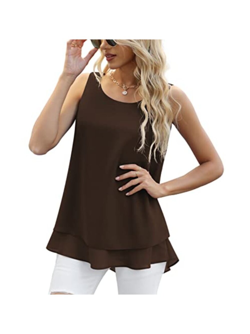 Loose Casual Sleeveless Chiffon Tank Top Summer Flowy Blouse